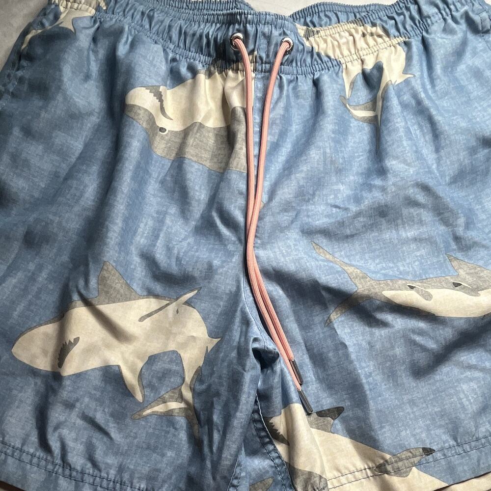 Lands' End Men's L Shark Print Swim Trunks Blue Beige Drawstring Pockets
